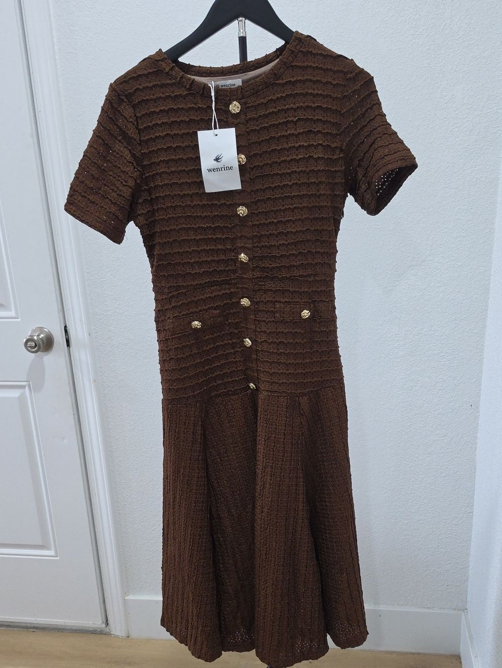 Brown Textured Button-Front Midi Dress - Picture 1 of 8